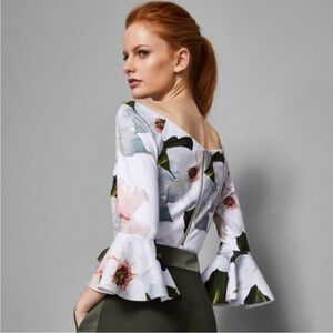 Ted Baker Floral Bell Sleeve Blouse - White and Pink